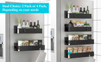 Black wall-mounted shelves with various items against a tiled kitchen wall.
