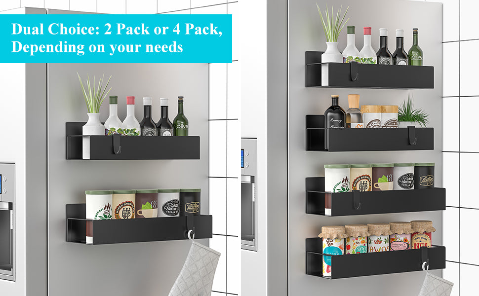 Black wall-mounted shelves with various items against a tiled kitchen wall.