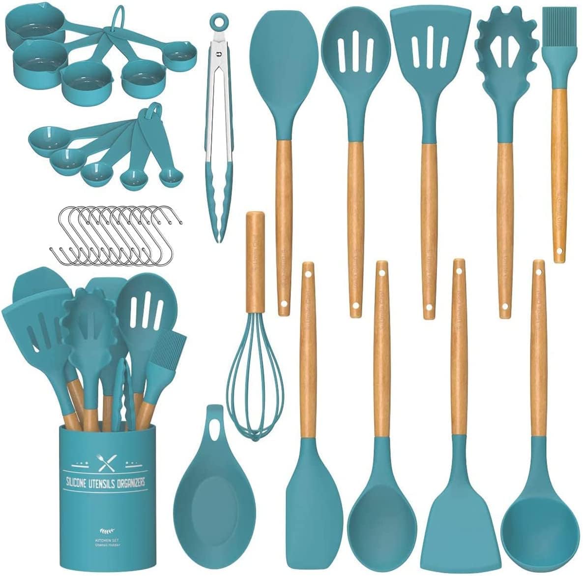 Set of teal kitchen utensils with wooden handles on a white background