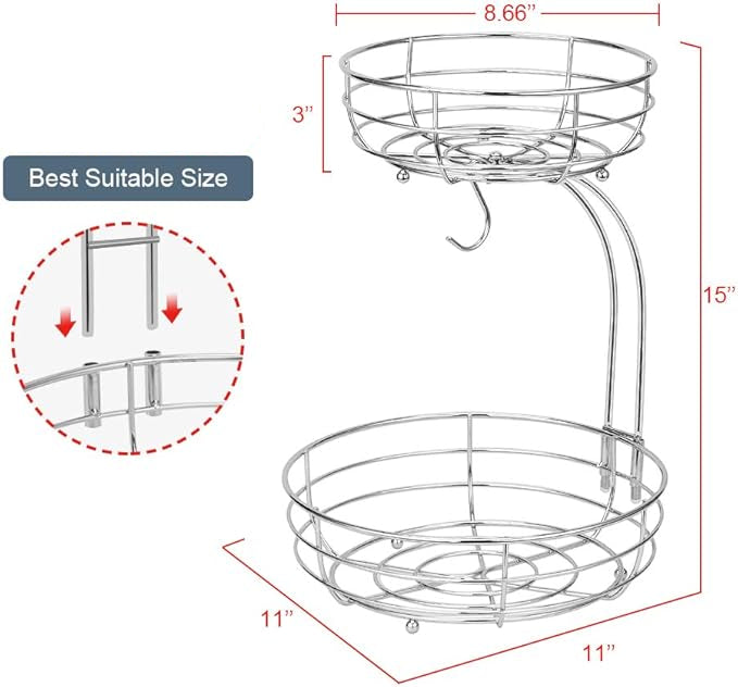 Two-tier metal fruit basket with dimensions and branding on a white background
