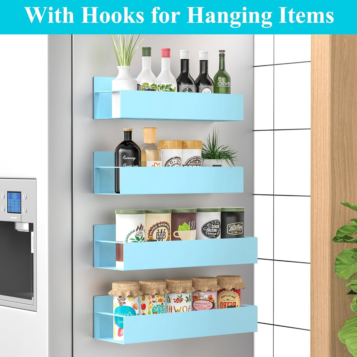 Blue wall-mounted shelf with hooks holding various items in a kitchen setting.