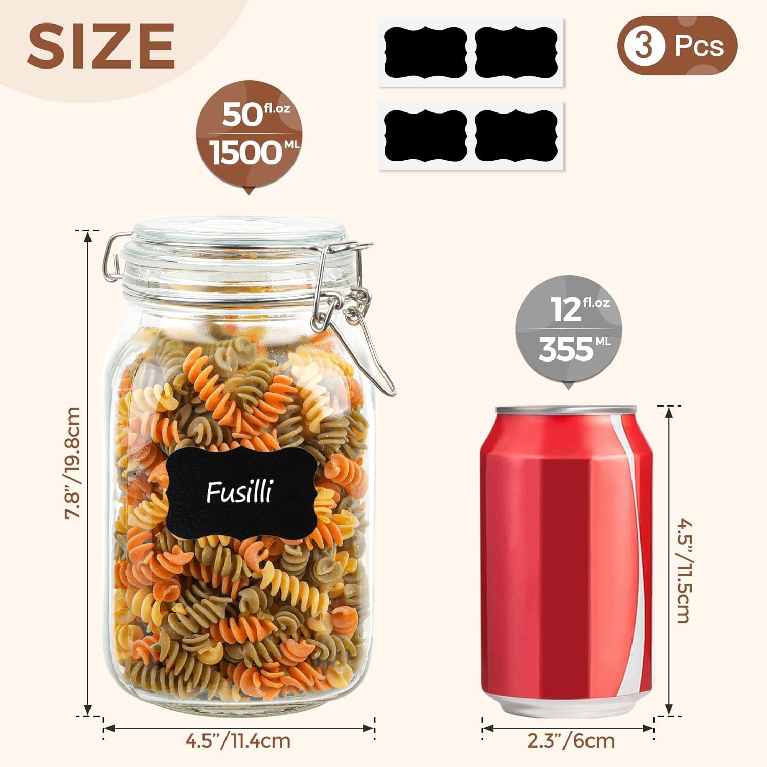 Clear airtight glass canisters with flour, sugar, and pasta for kitchen organization