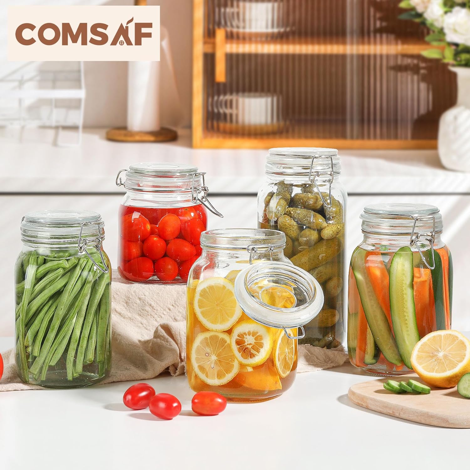ComSaf airtight glass canister set of 3 with lids for kitchen and pantry storage
