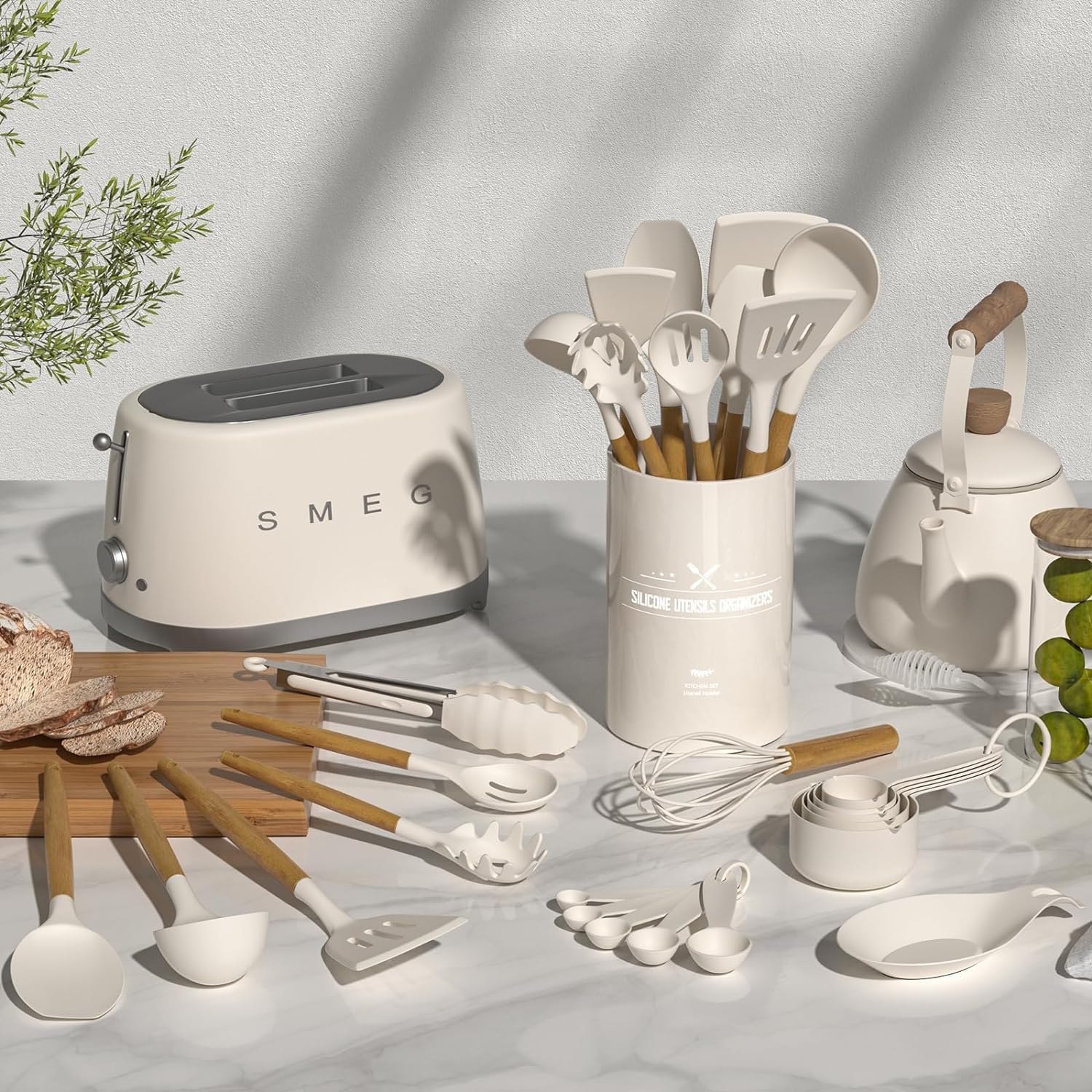 Complete 33 pcs Umite Chef silicone kitchen utensils with holder in khaki color