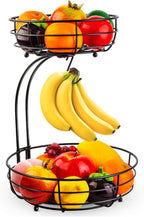 Countertop 2-tier fruit and vegetable basket with bananas, apples, and oranges