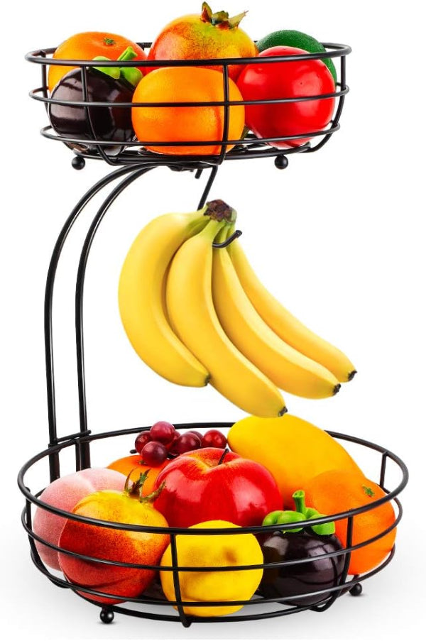 Countertop 2-tier fruit and vegetable basket with bananas, apples, and oranges
