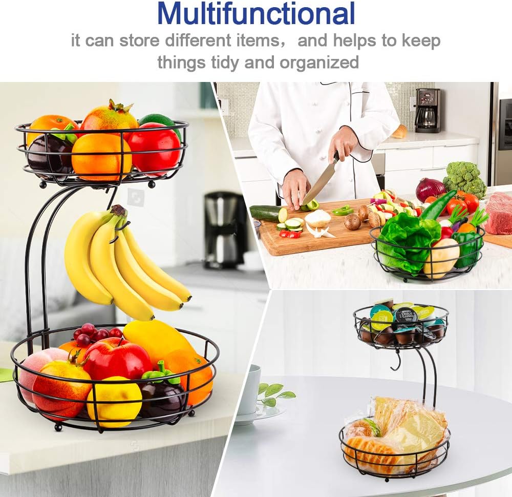 Dimensions of Auledio 2-tier fruit basket with banana hook for countertop storage