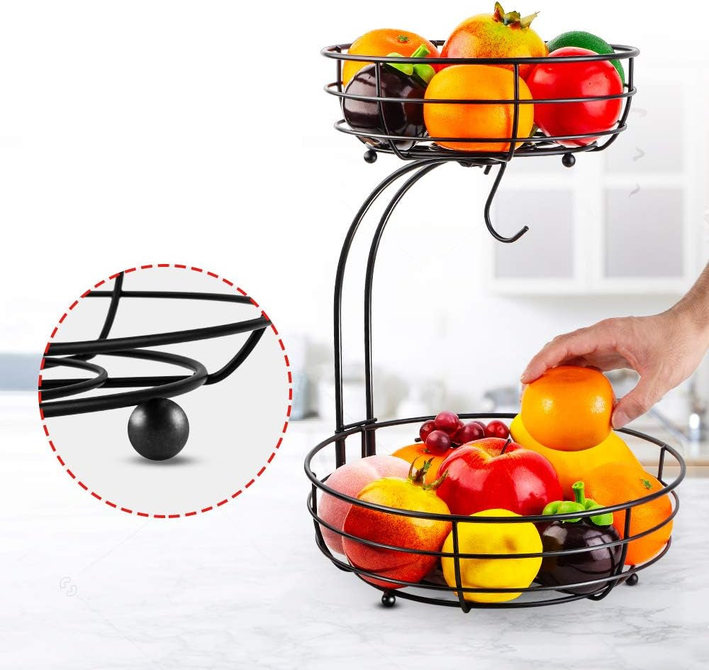 Durable banana hanger attached to black iron fruit basket organizer