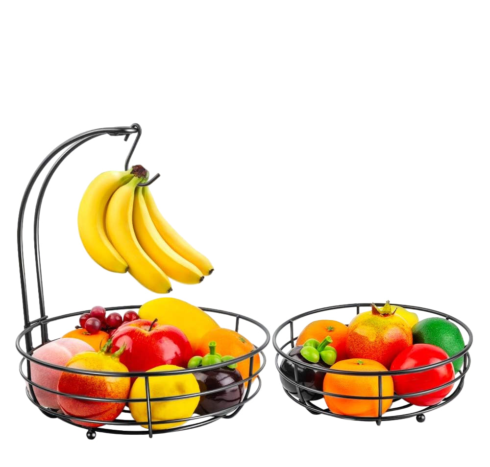 Easy no-tool assembly fruit basket bowl organizer with banana hanger