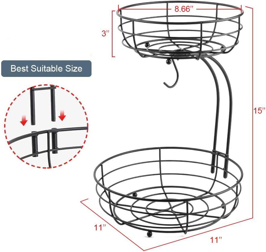 Modern black iron fruit bowl stand with two tiers and raised feet