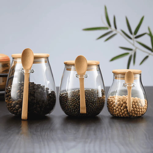 Set of glass storage jars with natural bamboo lids