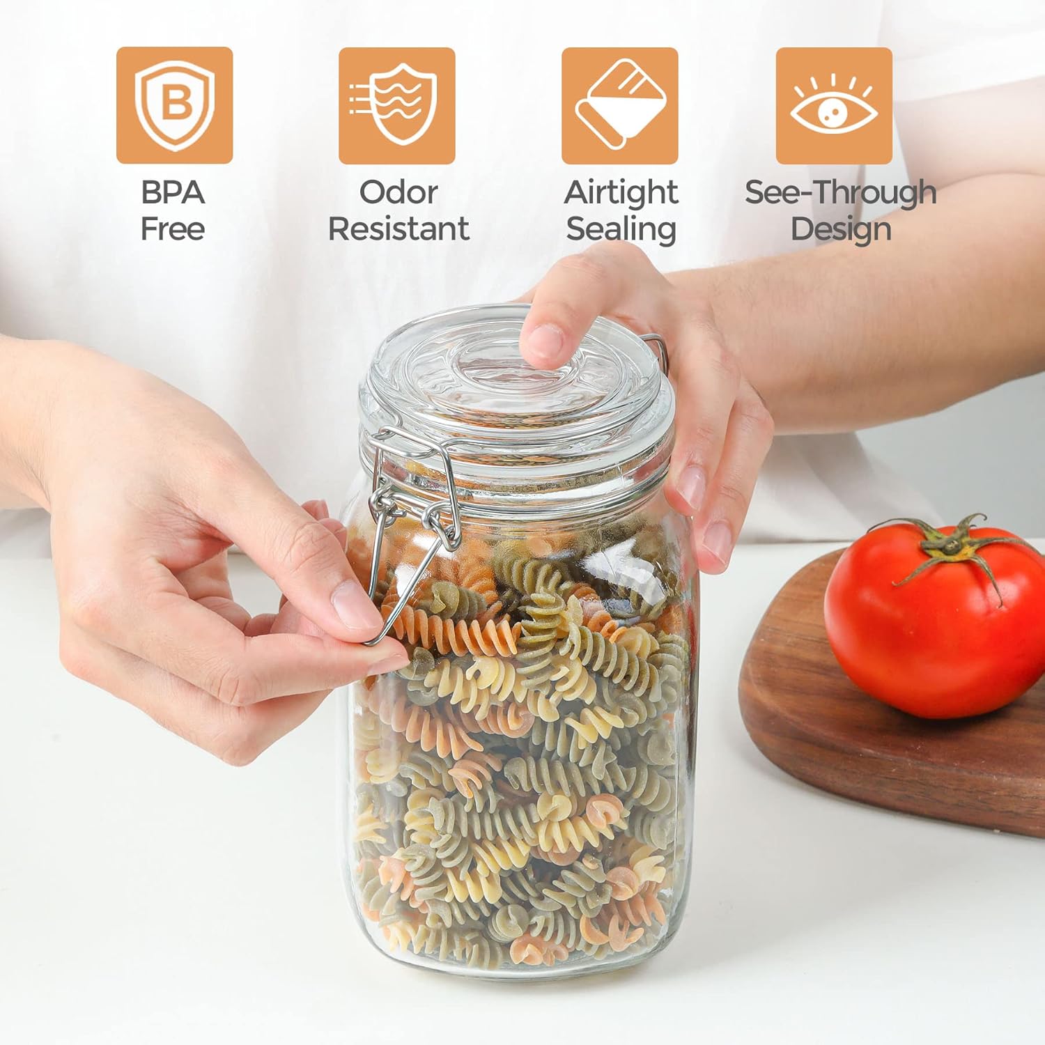 Square glass food storage jar with airtight silicone seal and stainless steel clamp