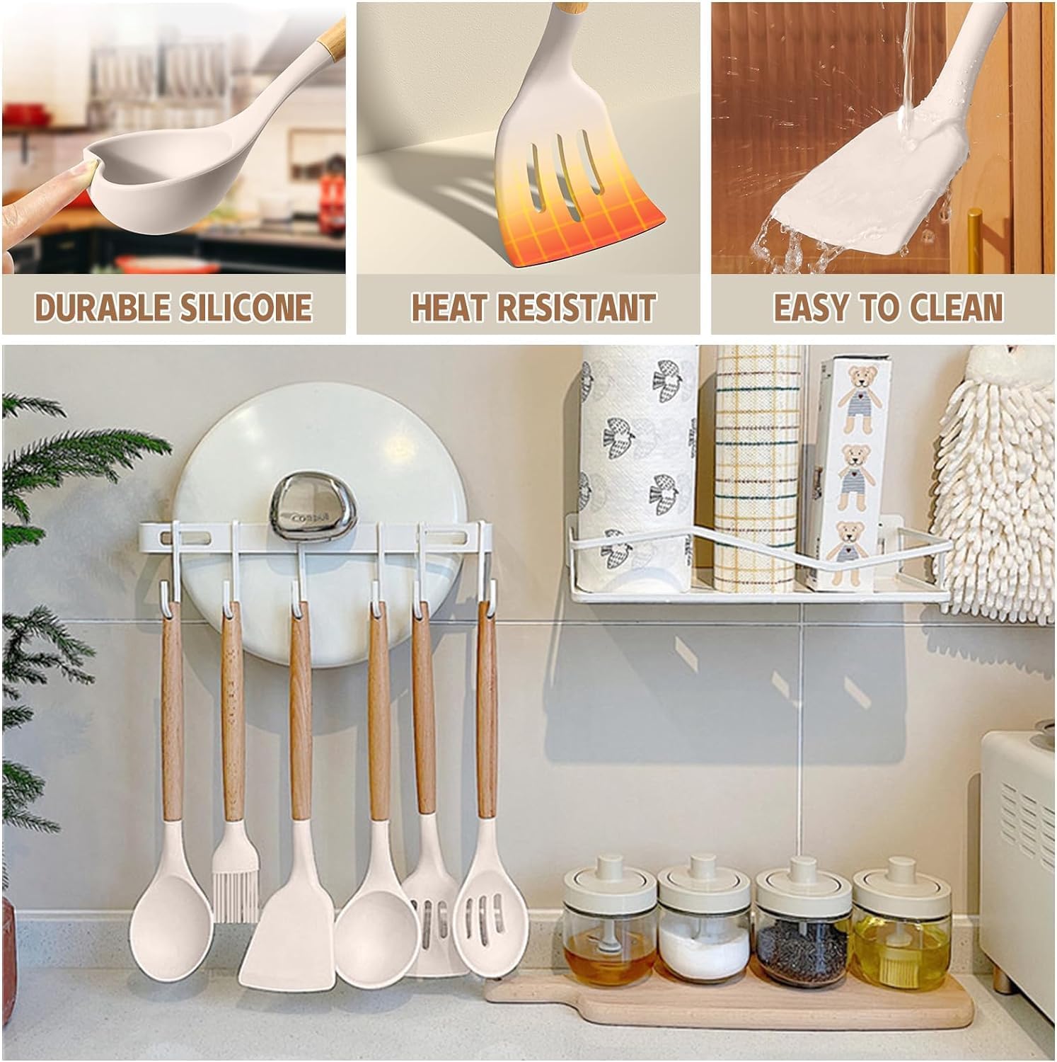 Stylish khaki silicone cooking tools with durable wooden grips