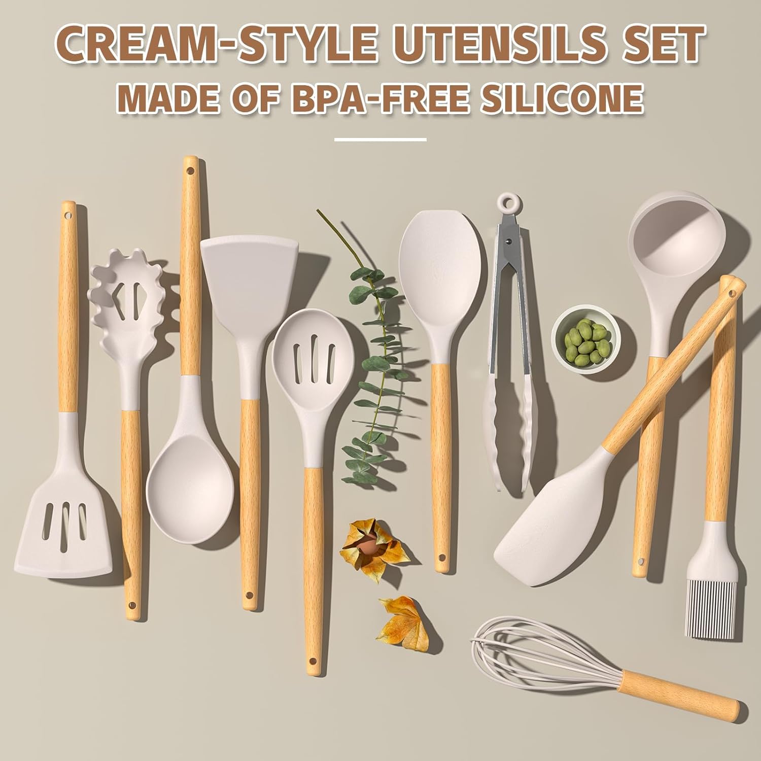 Wooden handle silicone spatula, ladle, and spoons displayed on countertop