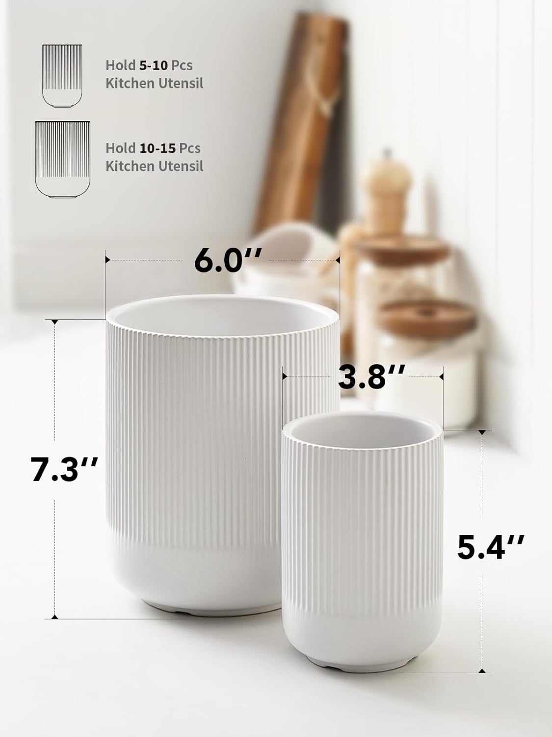 Two white ceramic containers with measurements on a white background